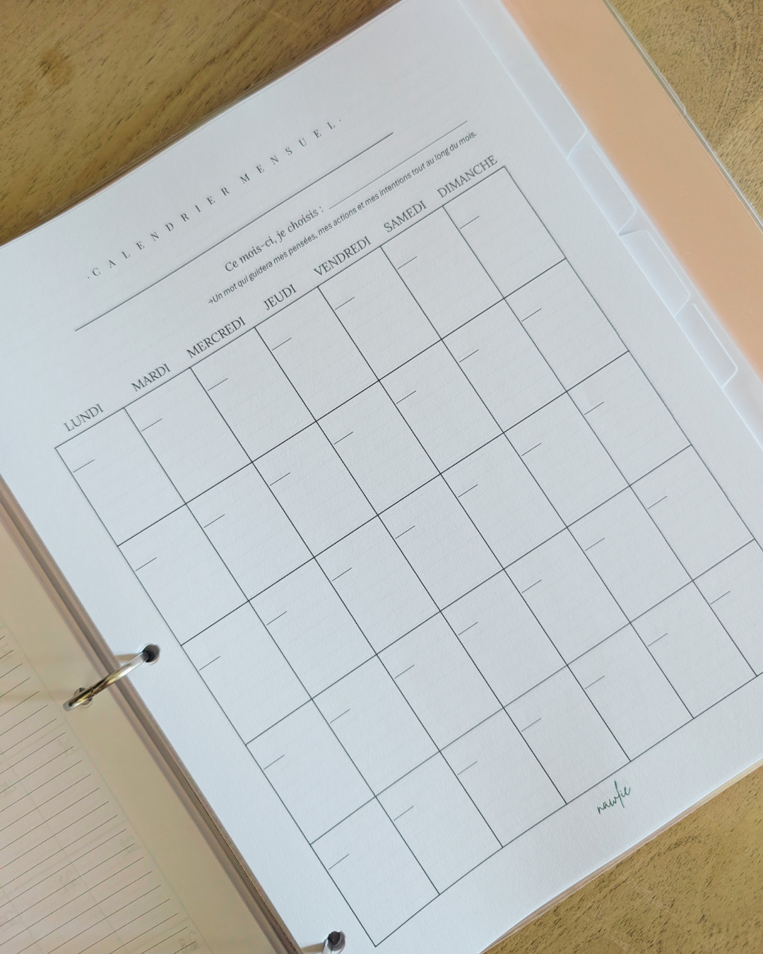 Calendrier mensuel, verso ligné