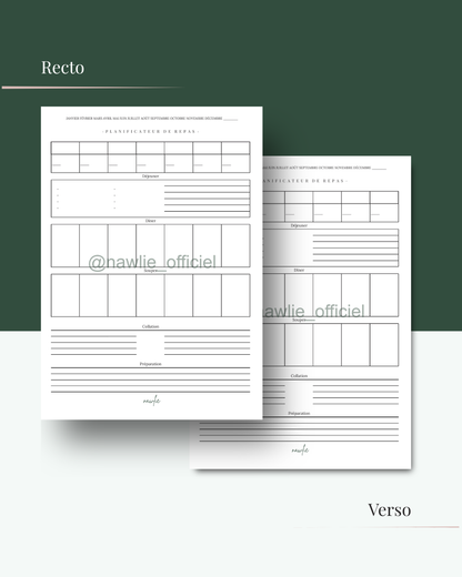 Planificateur de repas hebdomadaire, recto-verso