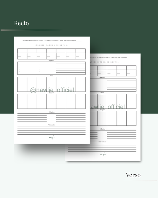 Planificateur de repas hebdomadaire, recto-verso